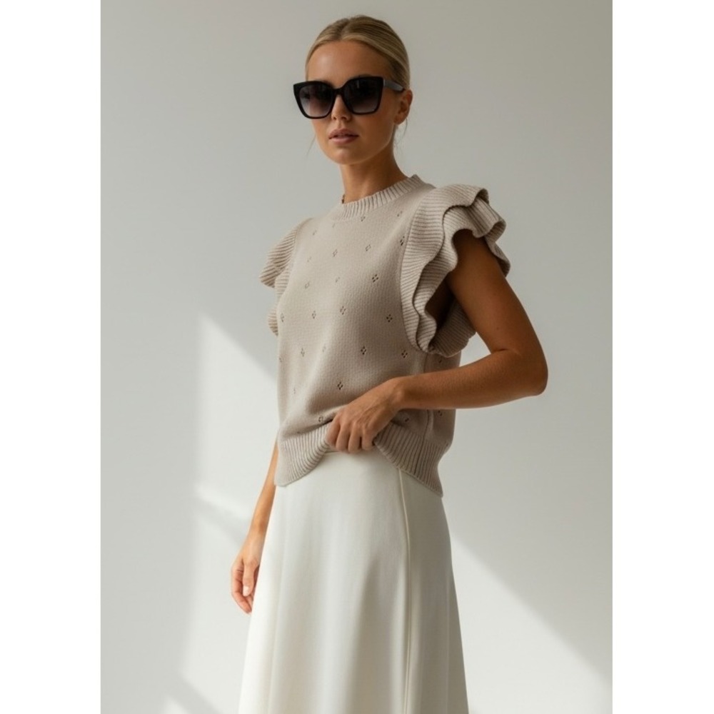 NEW Belldini Beige Pointelle Small Ruffle Sleeve‎ Knit Sweater Top Neutral